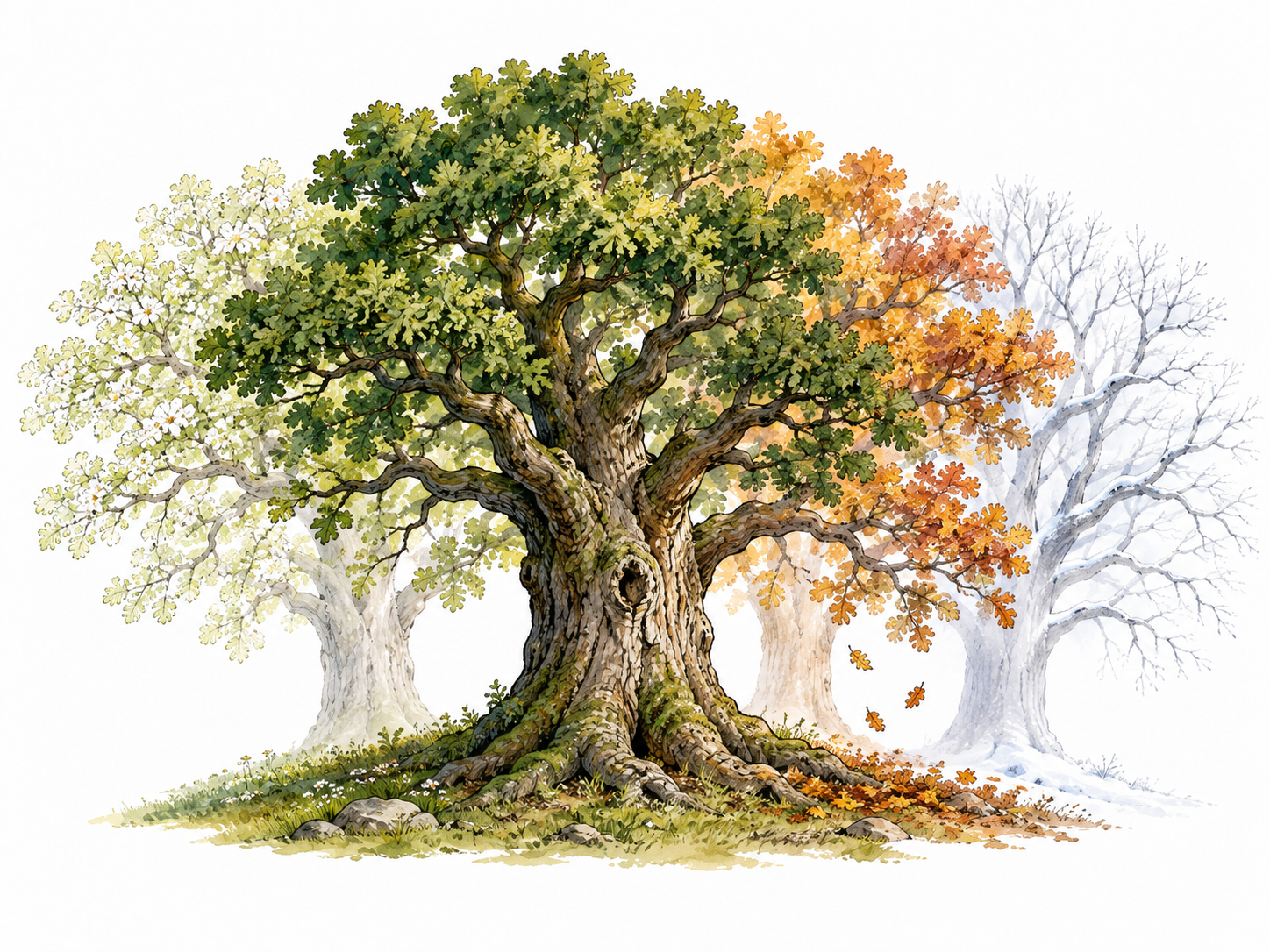 A timeless mature oak standing through ghosted seasonal cycles of spring, summer, autumn and winter, metaphor of enduring life.