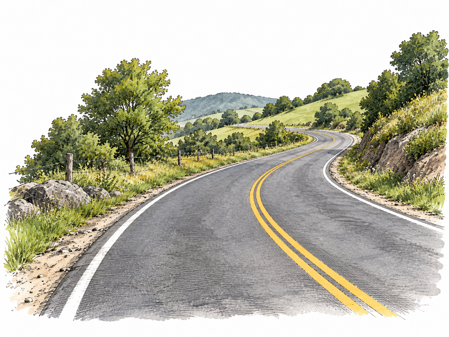 A smoothly paved two-lane road curving through countryside, clear vehicle route.