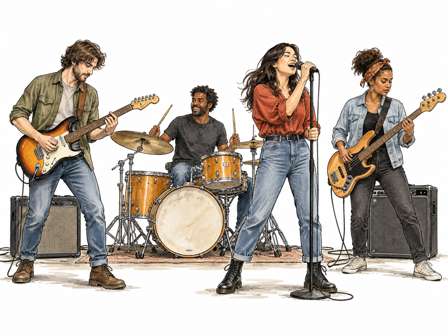 A diverse four-person musical band performs together with guitar, bass, drums and singer.