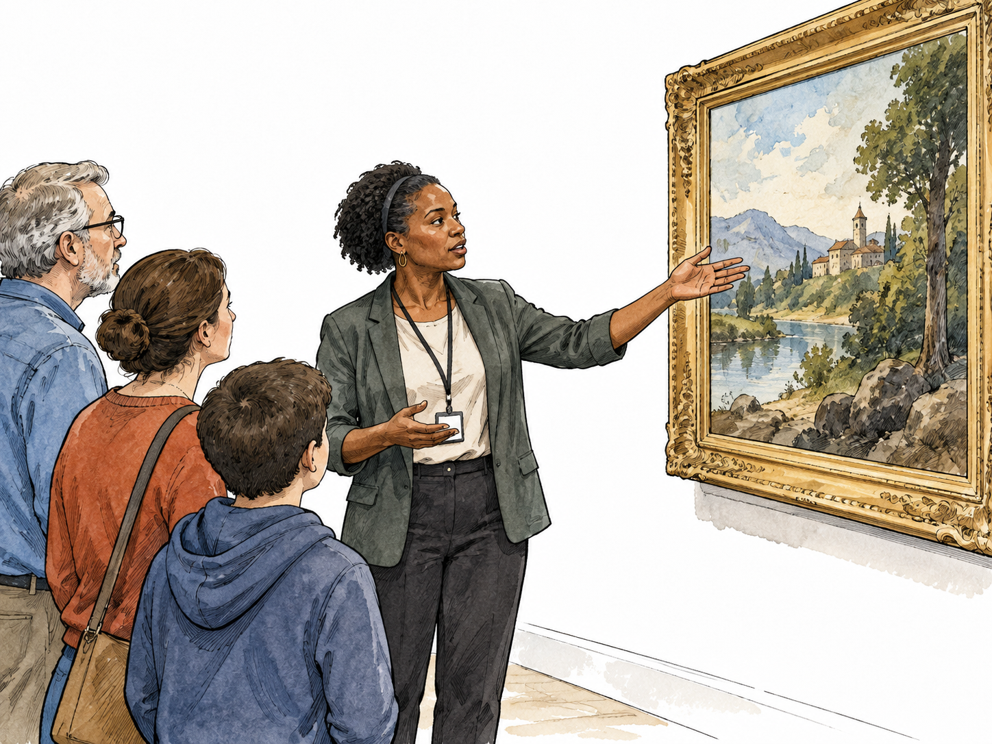 A Black museum guide explains a painting's details to visitors.