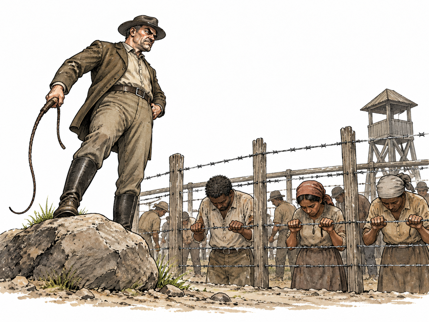 Harsh overseer towers above confined workers behind fence.