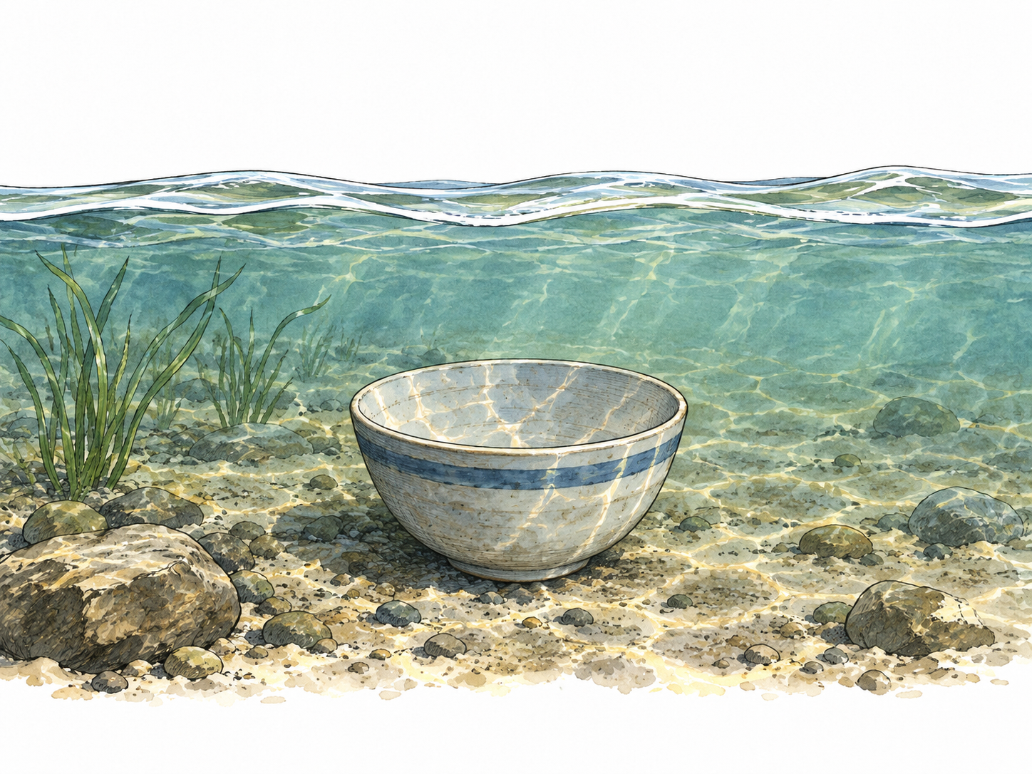 A fully submerged ceramic bowl is visible below the water surface.