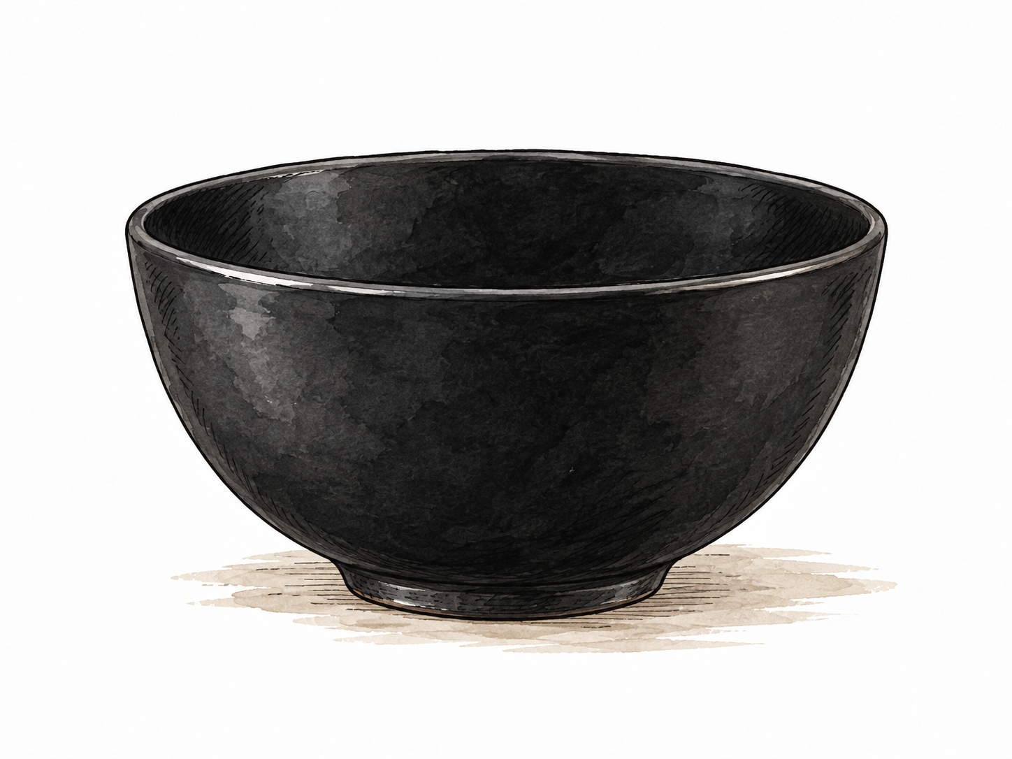 A matte black ceramic bowl against white space.