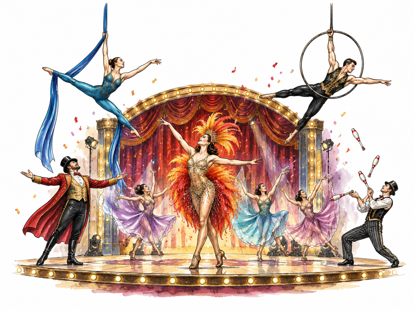 A spectacular colorful theater performance with acrobats and dancers, varied adult performers.