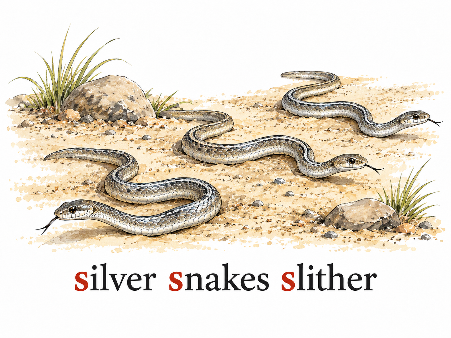 Three natural small silver snakes slithering across sand, with exact brief text 'silver snakes slither' below; same initial S sound emphasized by subtle red initial letters.