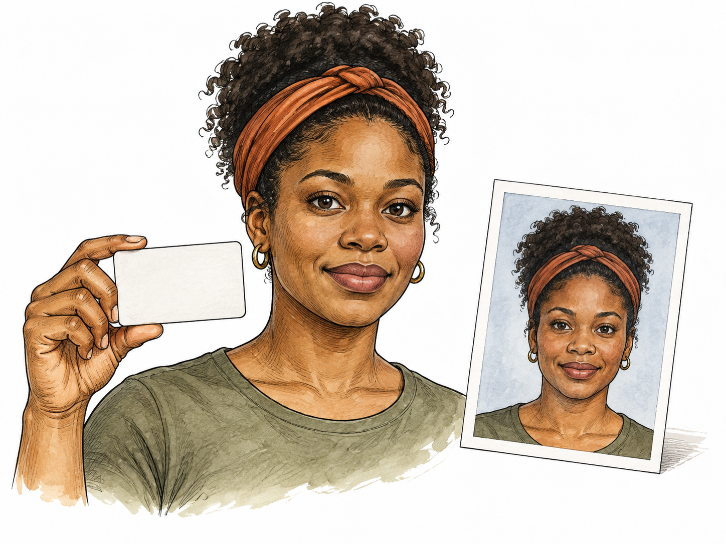 A Black woman holds her blank ID card beside a clear portrait photograph of herself.