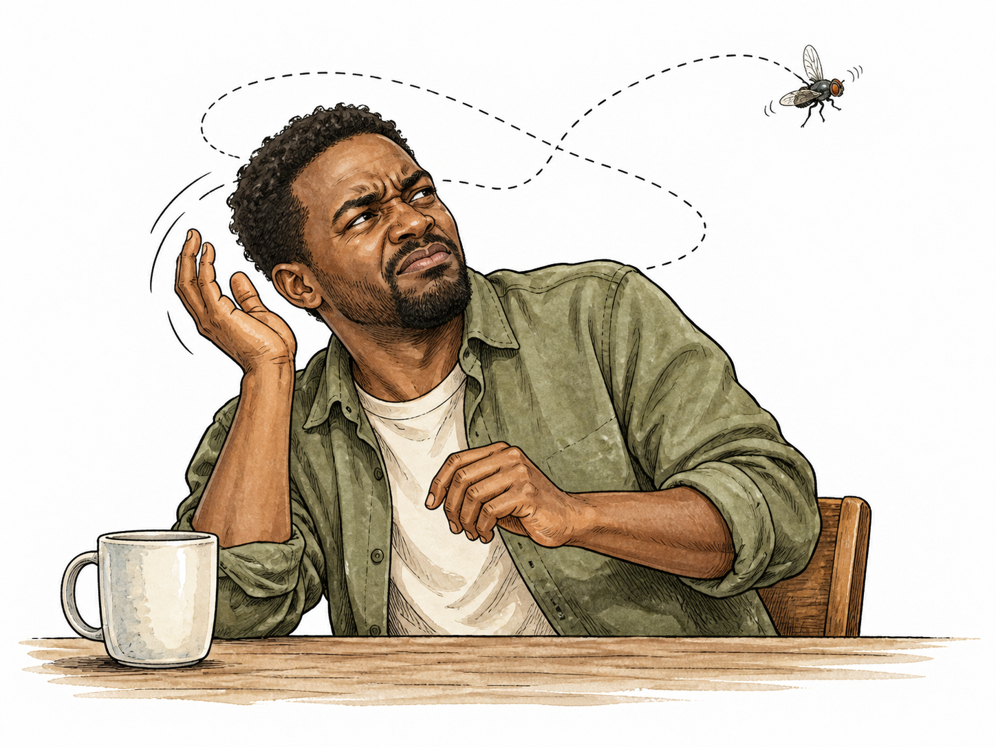 Black adult annoyed by repeatedly buzzing fly.