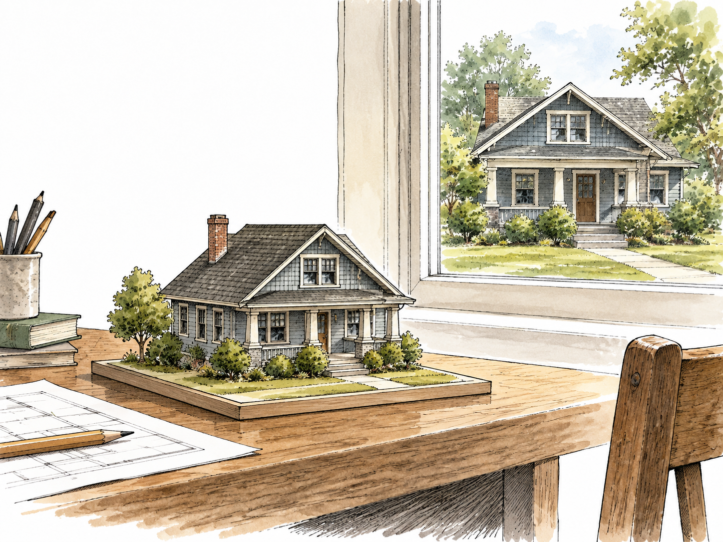 A precise small architectural house model on a table beside a real house visible through the window.
