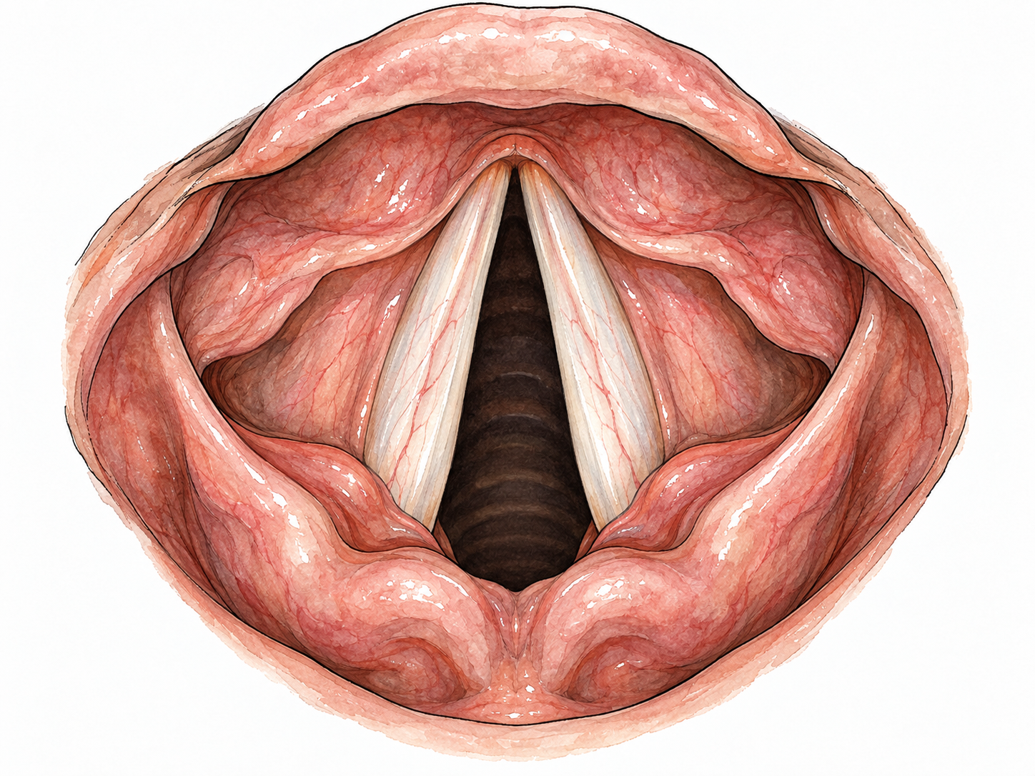 Accurate top-down medical view of vocal folds with dark glottic opening between.