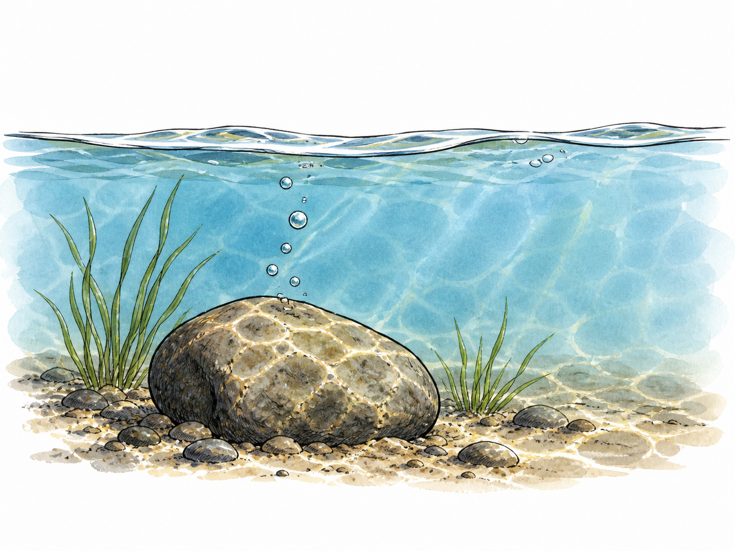 An object resting fully underwater with a clear surface line above it.
