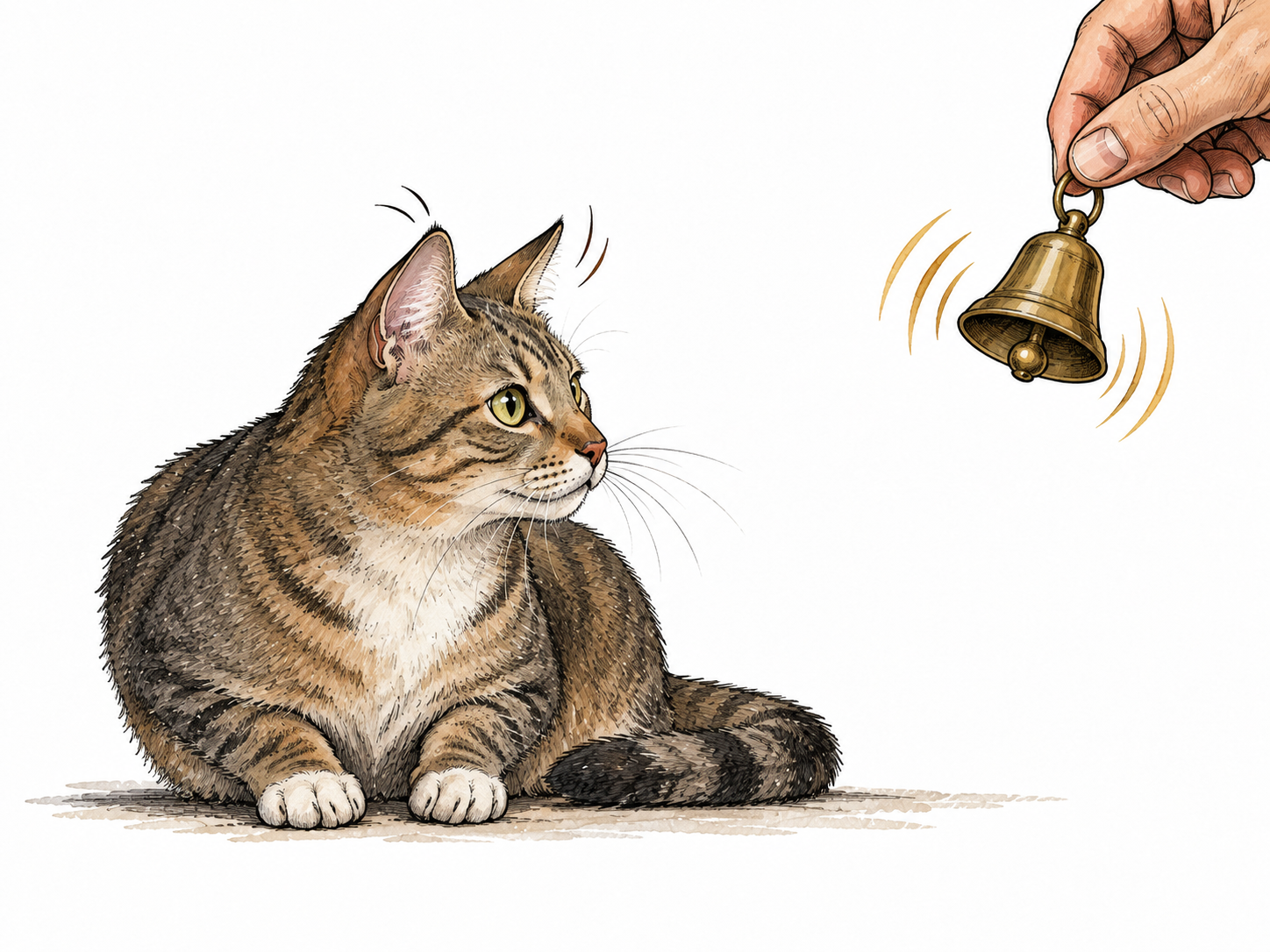 A cat instantly turning its ears toward a ringing small bell, bell clearly provoking response.