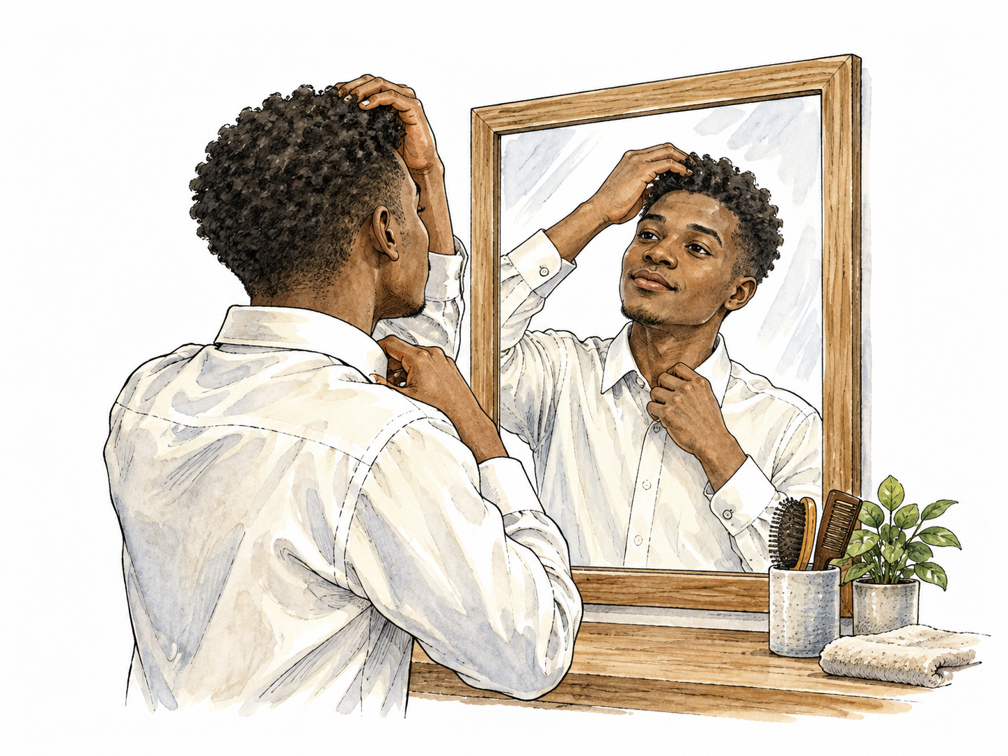 A Black young man carefully adjusts his hair and collar in a mirror.