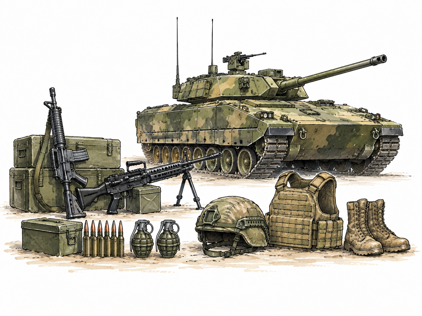 Orderly military equipment display with armored vehicle and protective gear, no fighting.