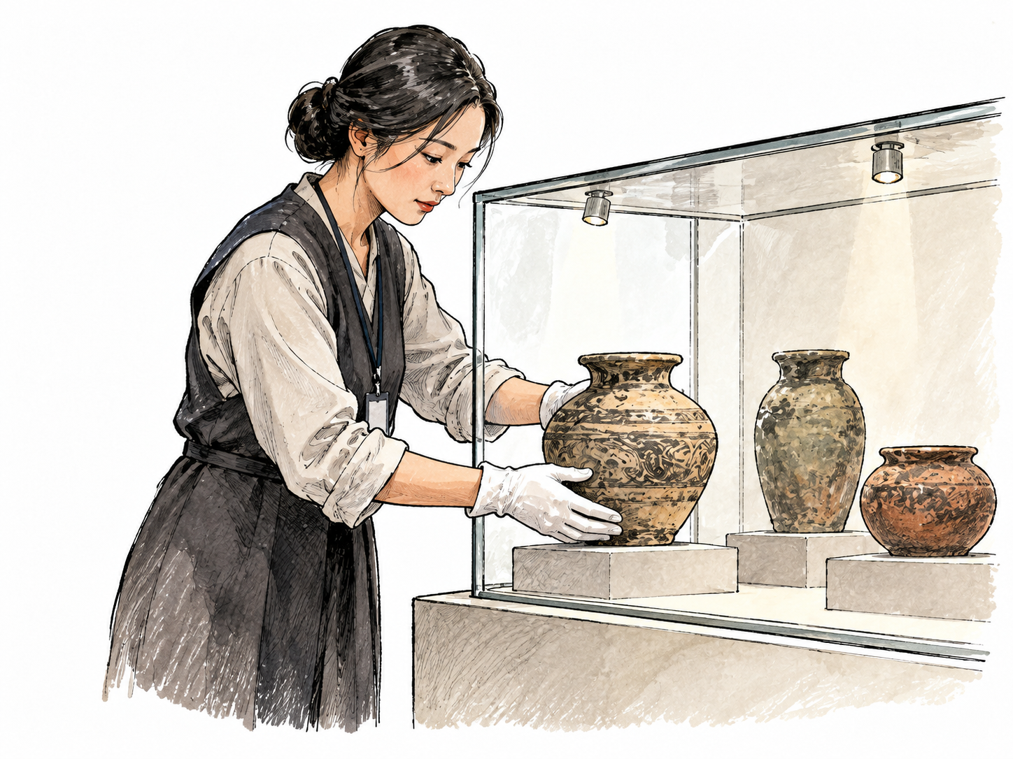 East Asian curator arranges ancient pots in a museum case wearing gloves.
