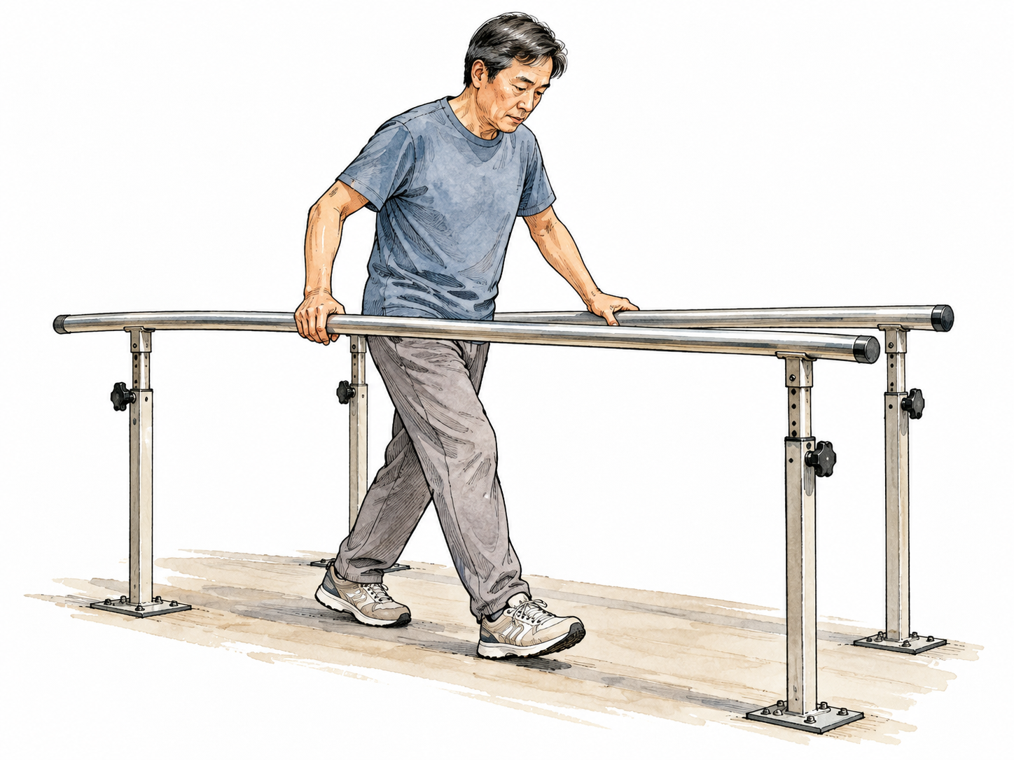 East Asian patient practices controlled steps between rehabilitation bars.