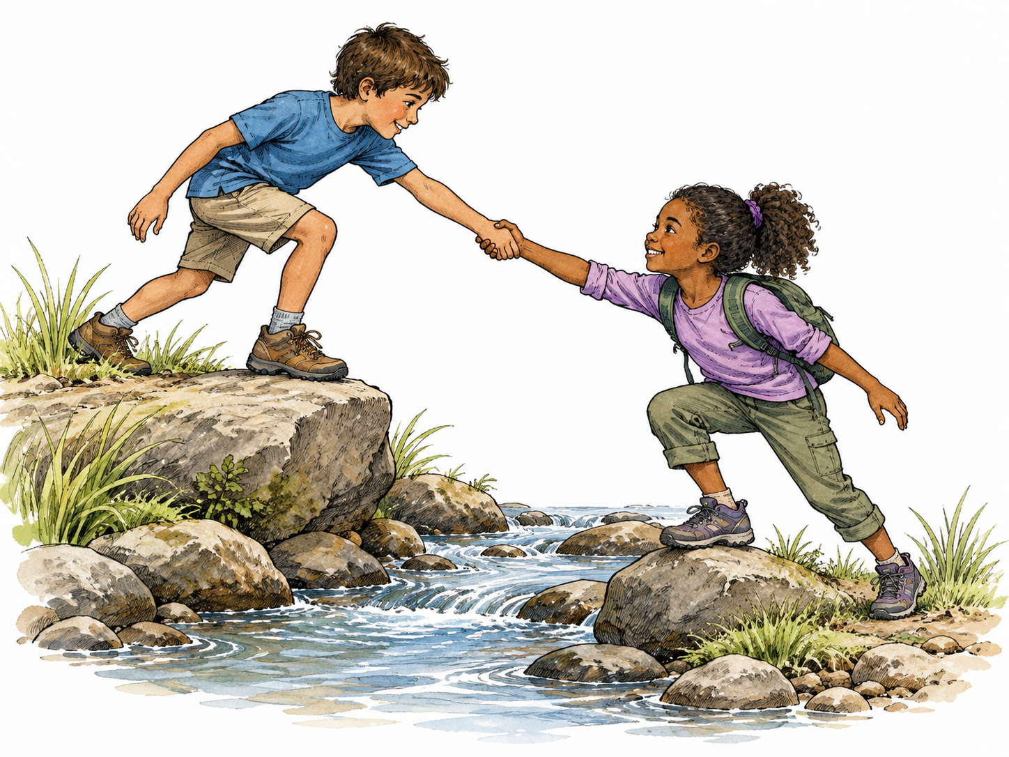 Two diverse friends bridge a gap by clasping hands across a small stream.
