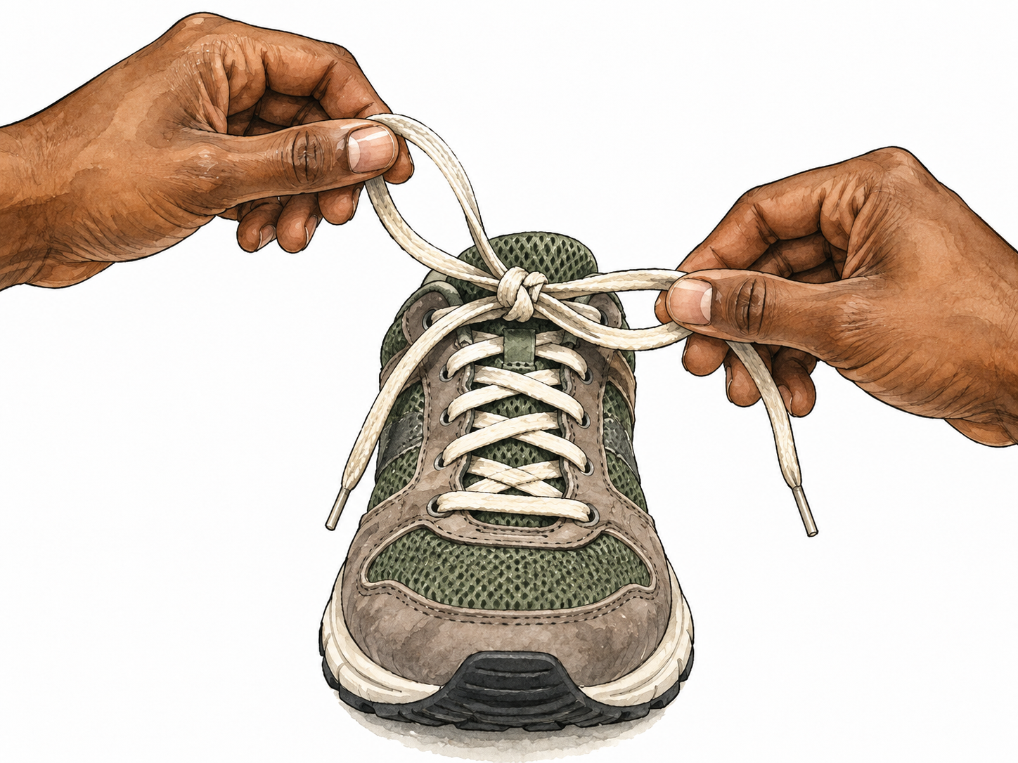 Two brown hands untying a firmly knotted shoelace, loop coming free and action reversed.