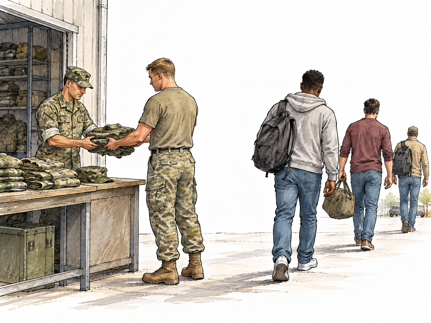 Former soldiers return uniforms at a depot and depart in civilian clothes, peaceful demobilization.