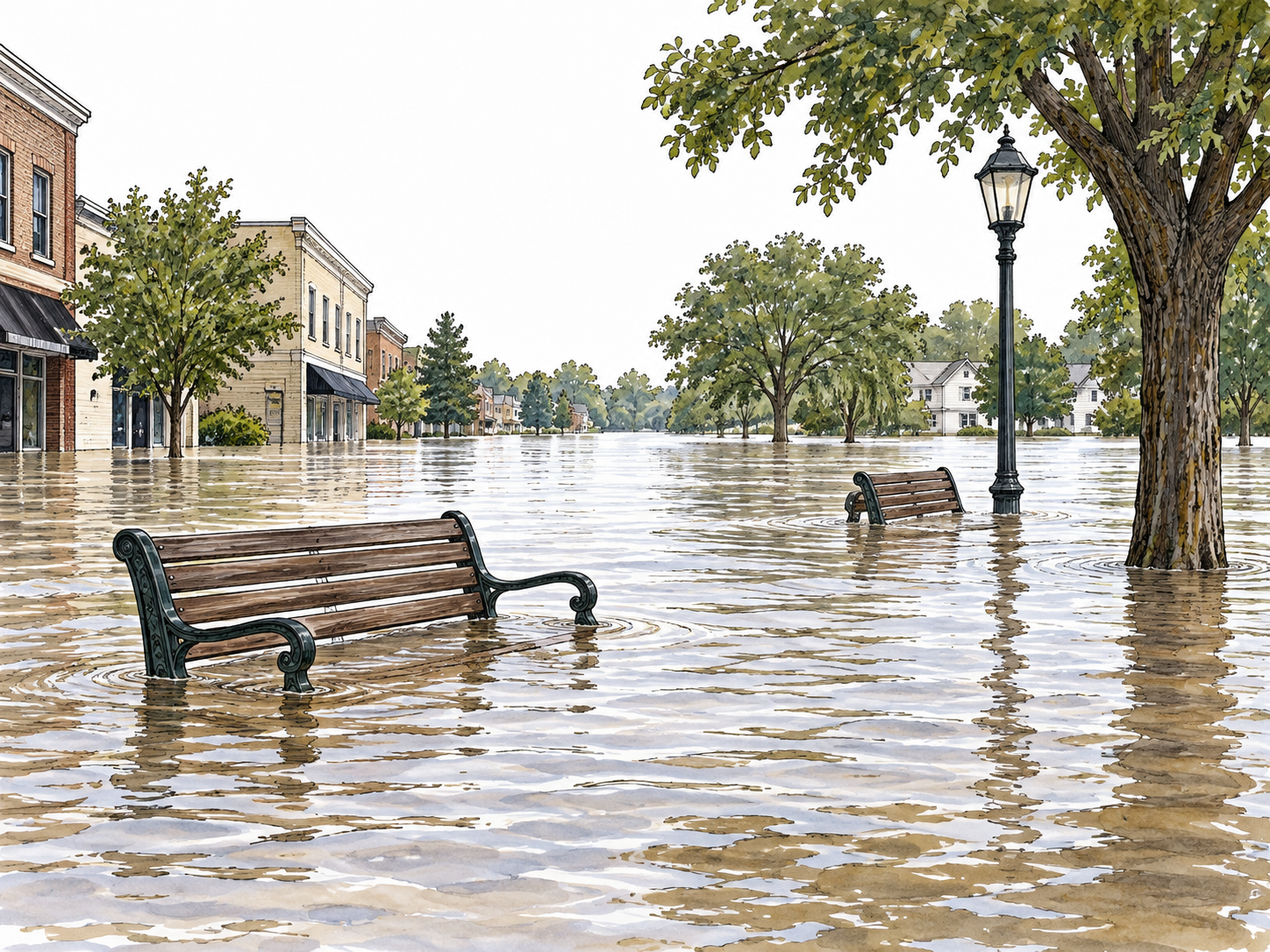 Floodwater covers familiar street and partly submerges benches.