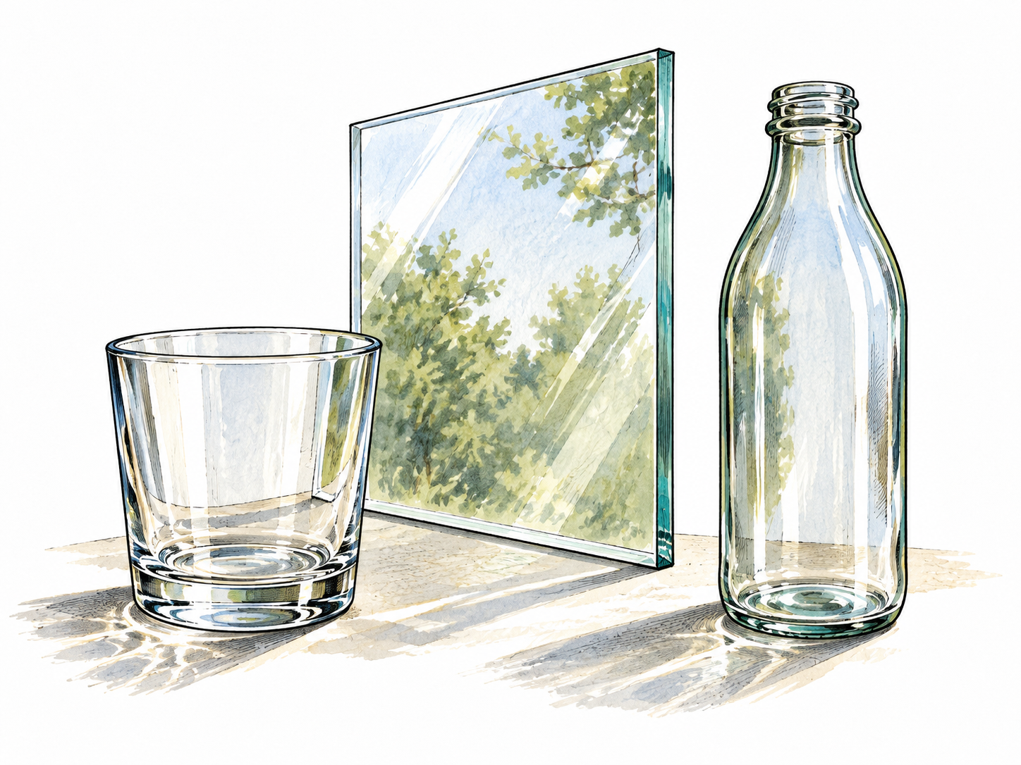 A clear tumbler, flat window pane and smooth glass bottle showing transparency and reflections.