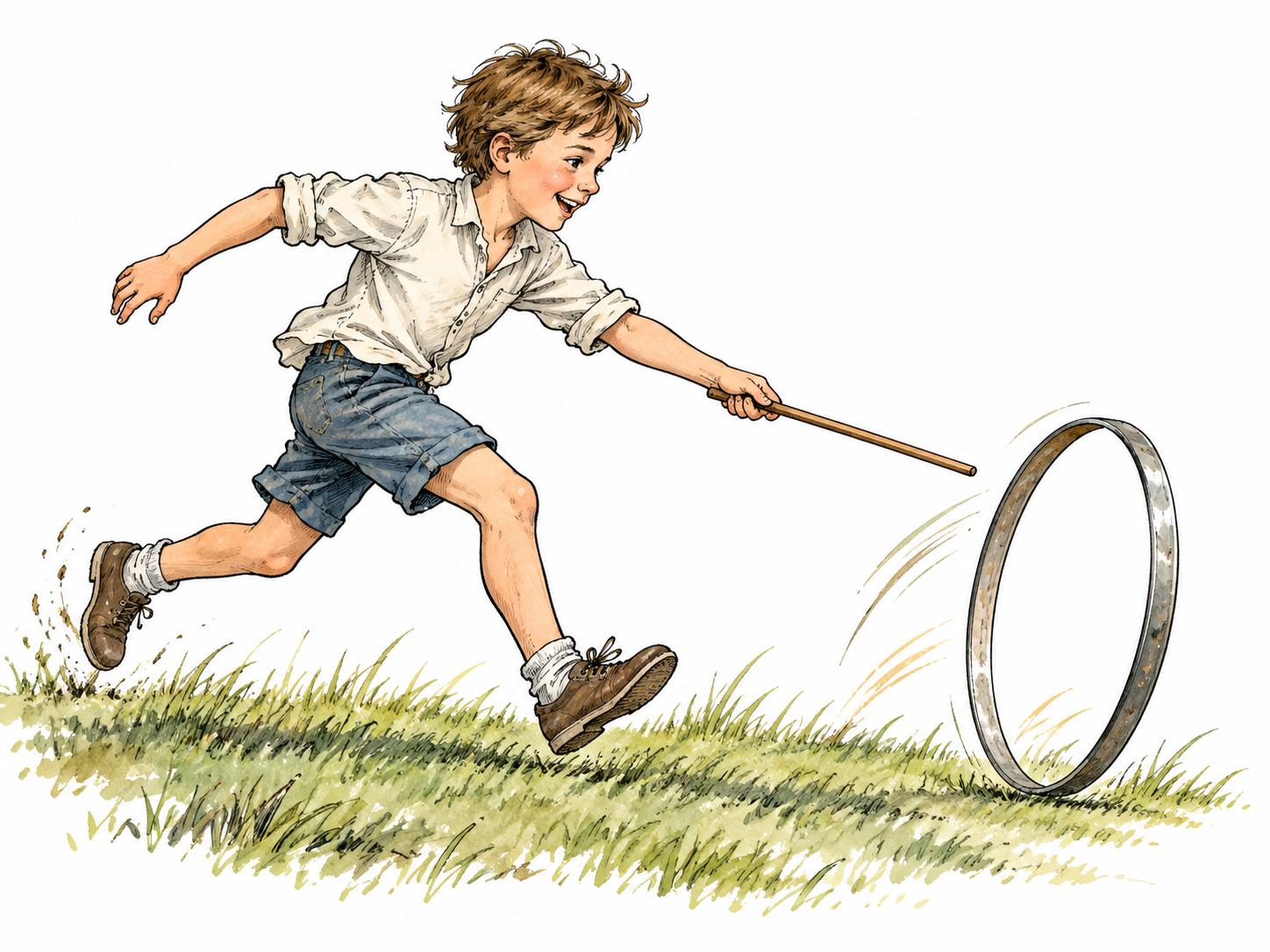 A white boy joyfully chasing a rolling hoop across grass, obvious pursuit.