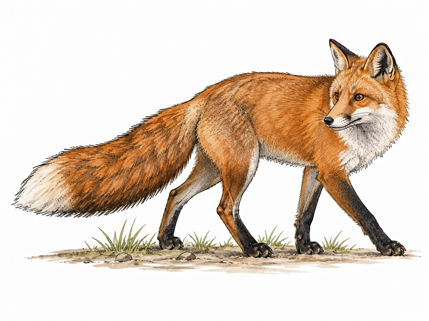 A fox with a full natural bushy tail sweeping behind its body, clear hind appendage.