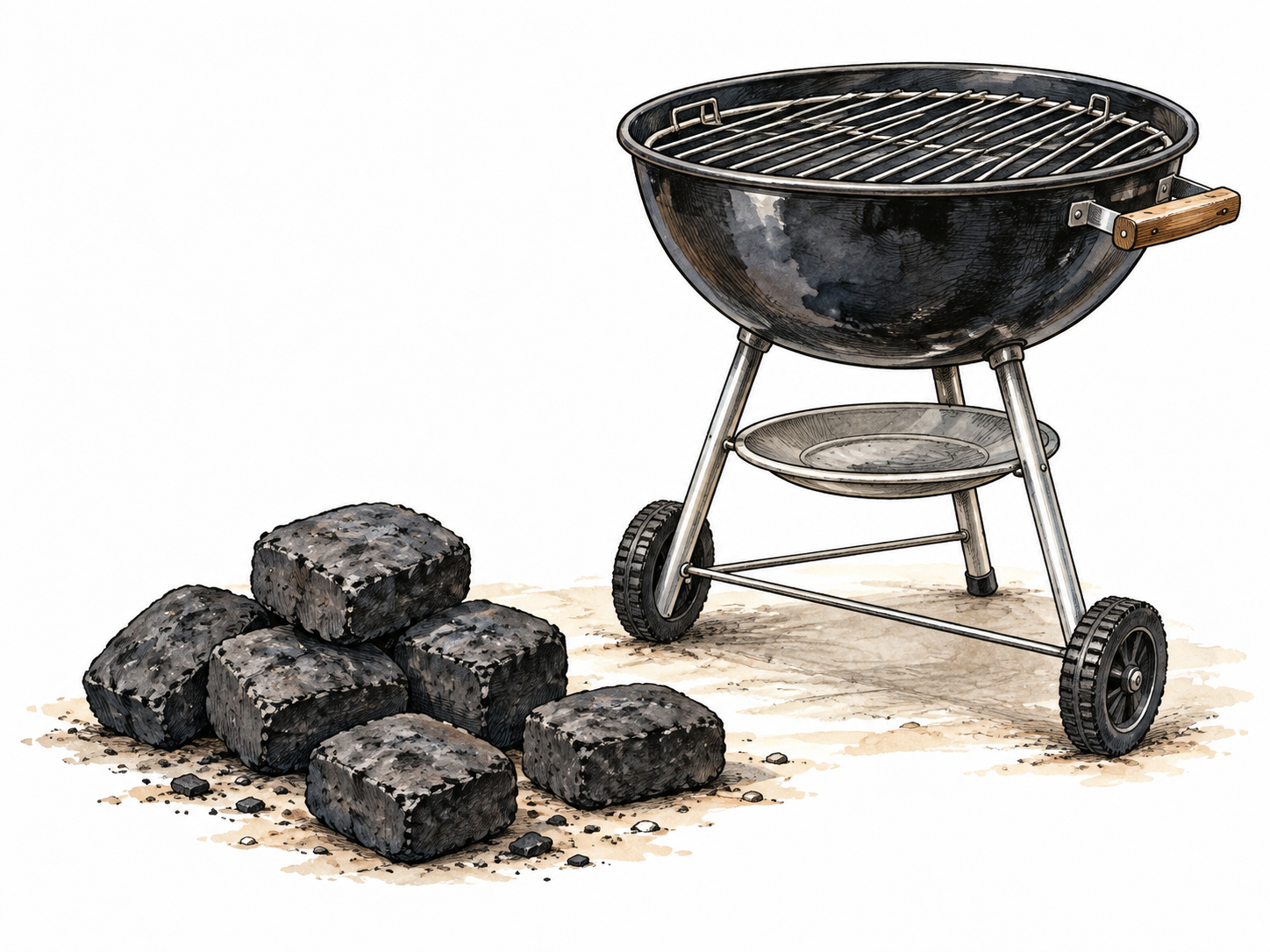Several charcoal briquettes beside an unlit small grill.