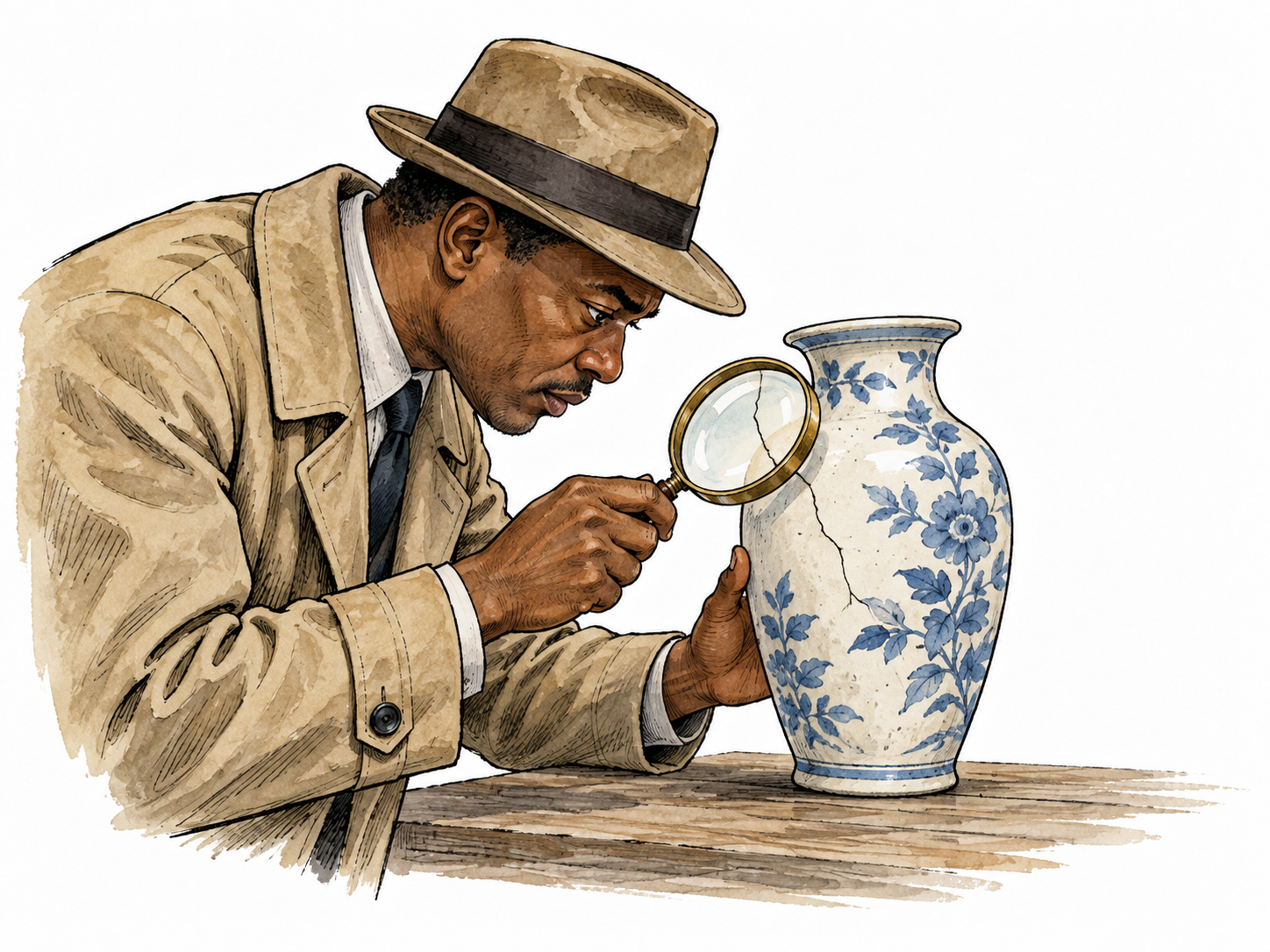 A Black inspector finding a concealed crack with magnifying glass in a ceramic vase.