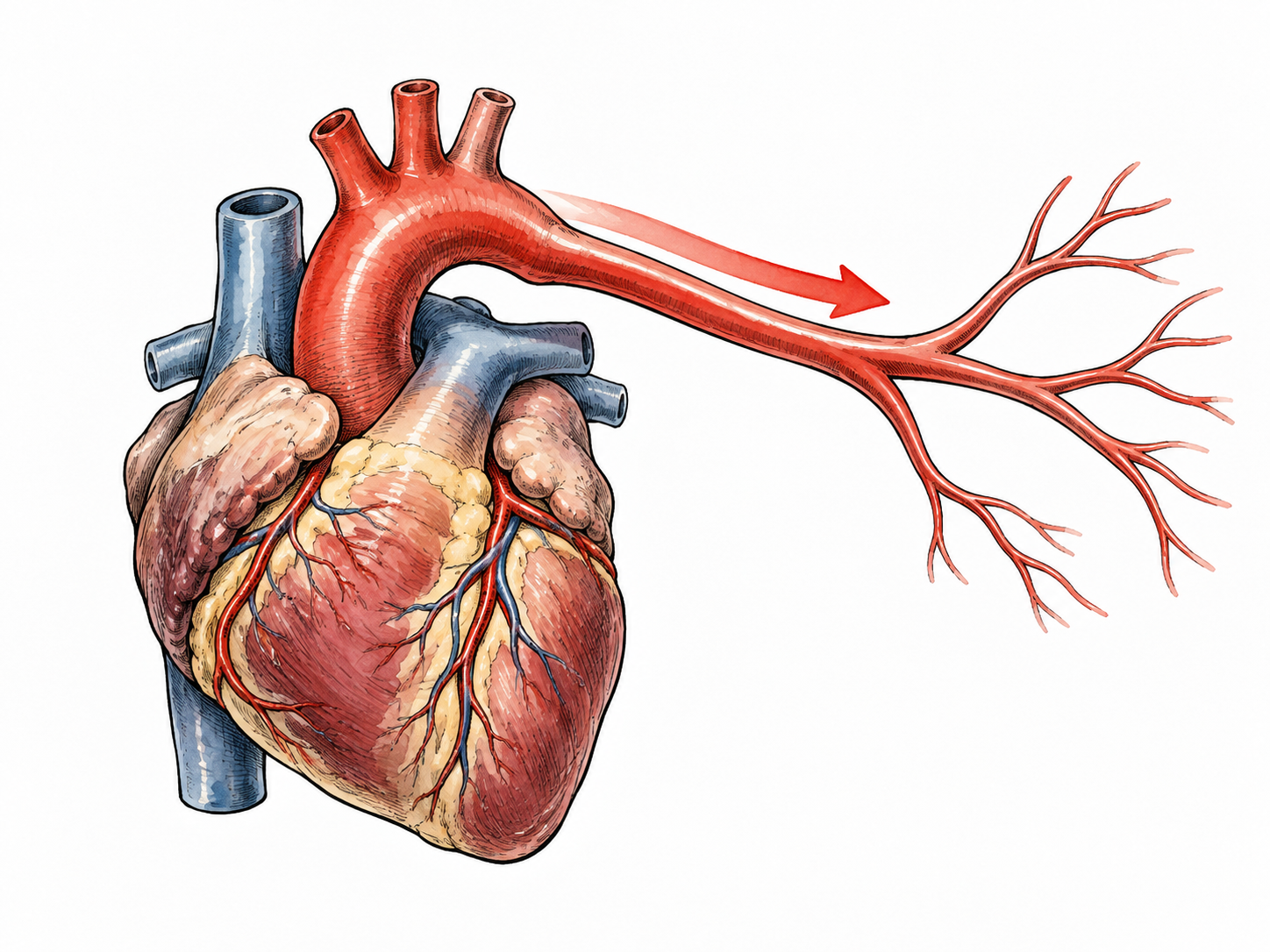 A heart model with one prominent red artery carrying blood outward, subtle outward arrow and branching vessel.