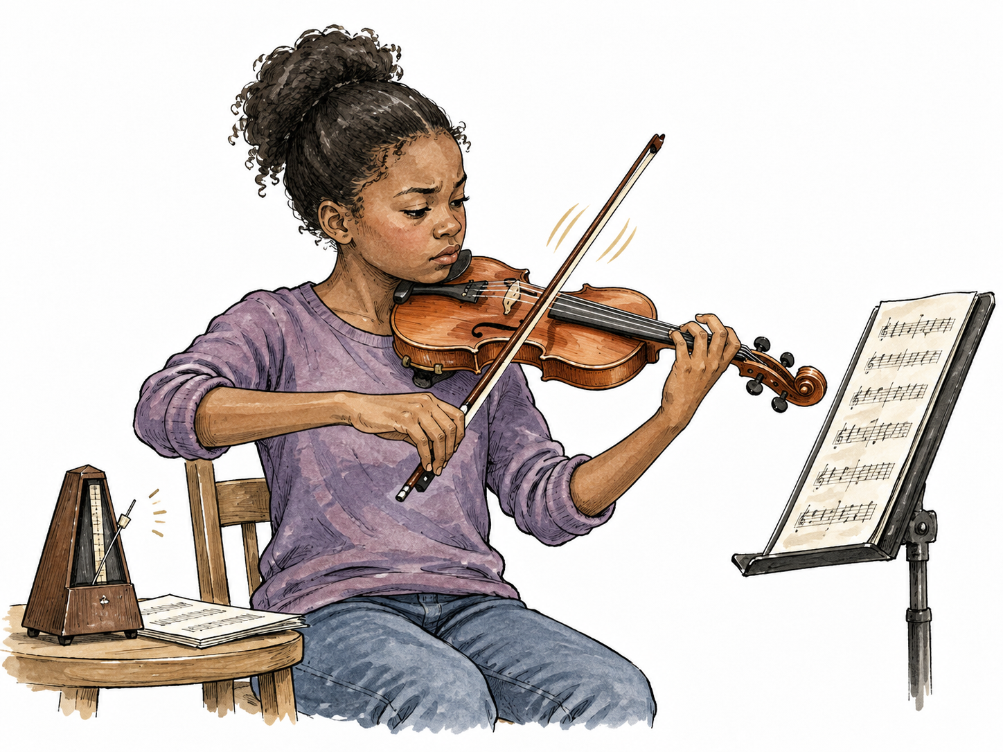 Black violin student repeats a difficult passage with concentration.