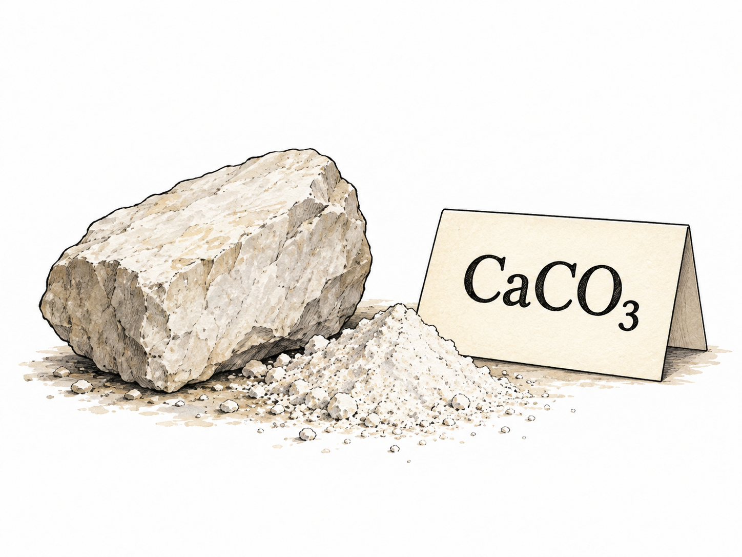 Natural chalk and pale powder beside an ivory card showing CaCO₃, calcium carbonate.