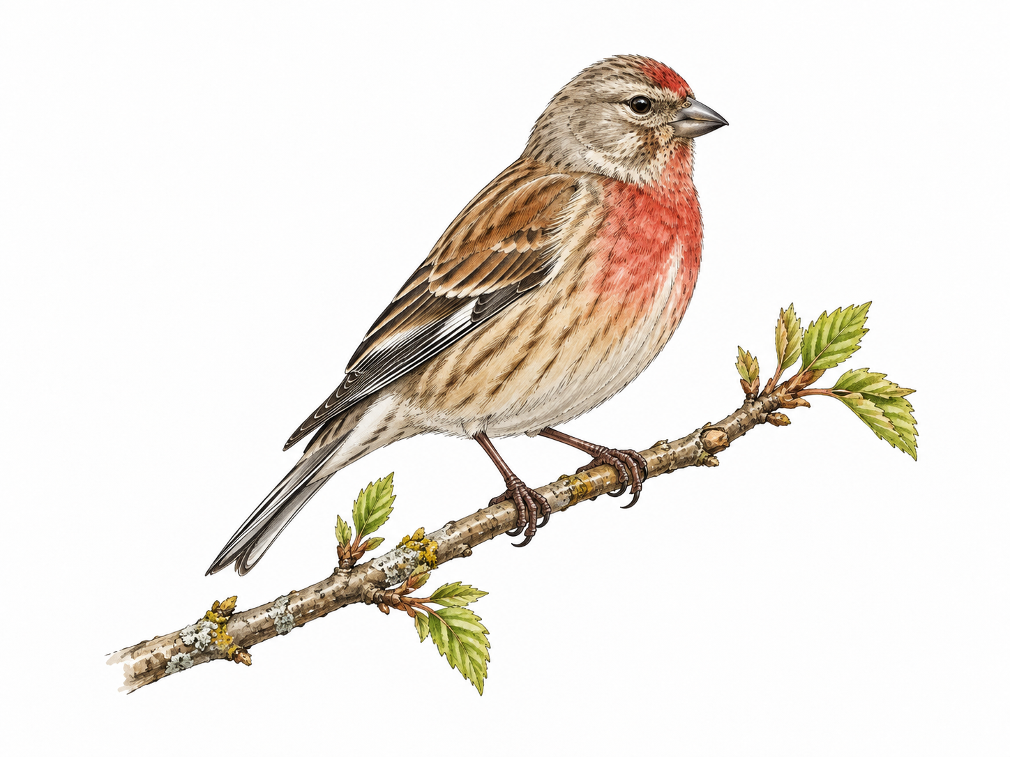 A natural male linnet with reddish breast perched on a twig.