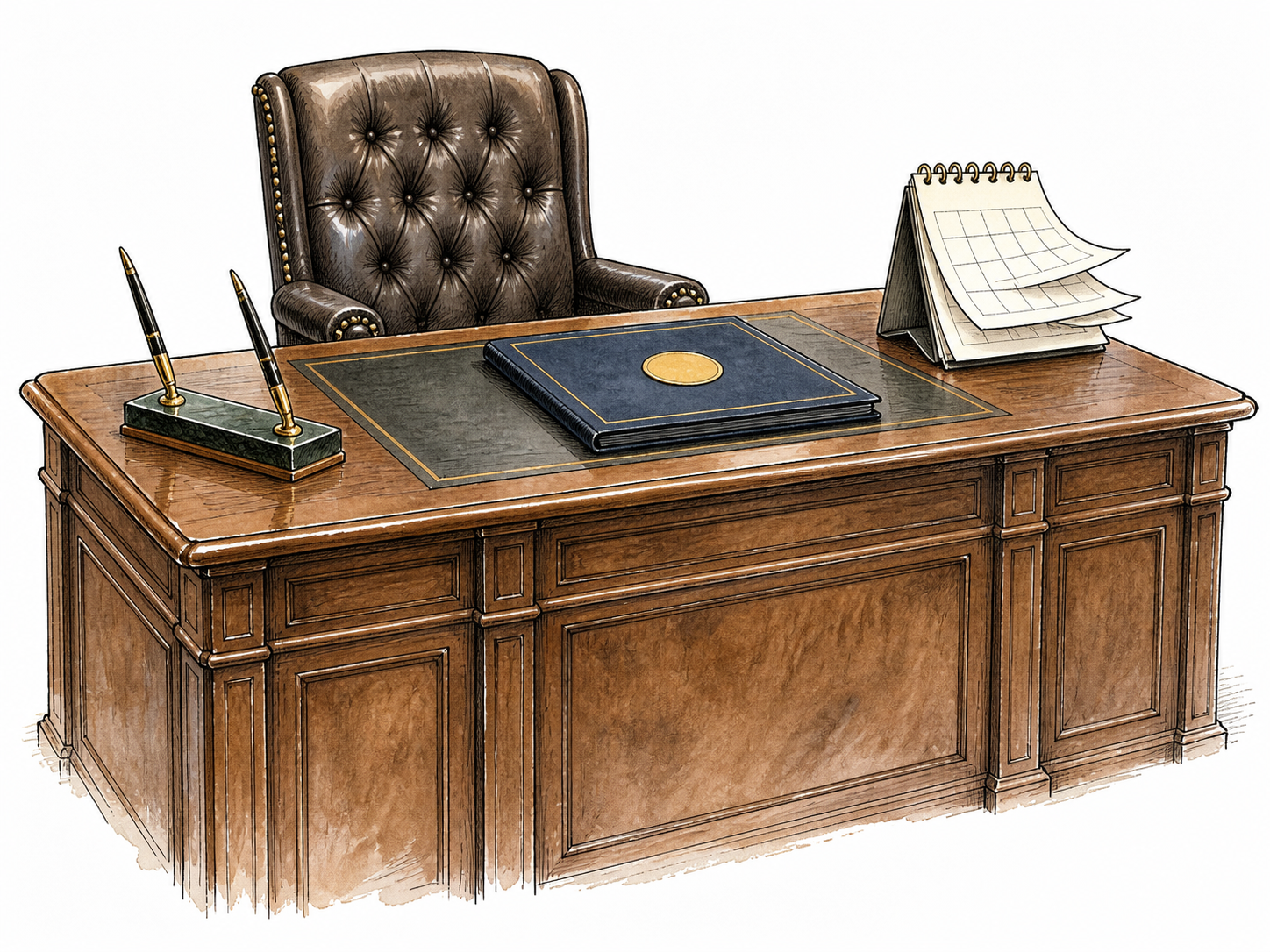 An official executive desk with a chair, seal-free ceremonial folder and calendar pages suggesting an office term, no flags or text.