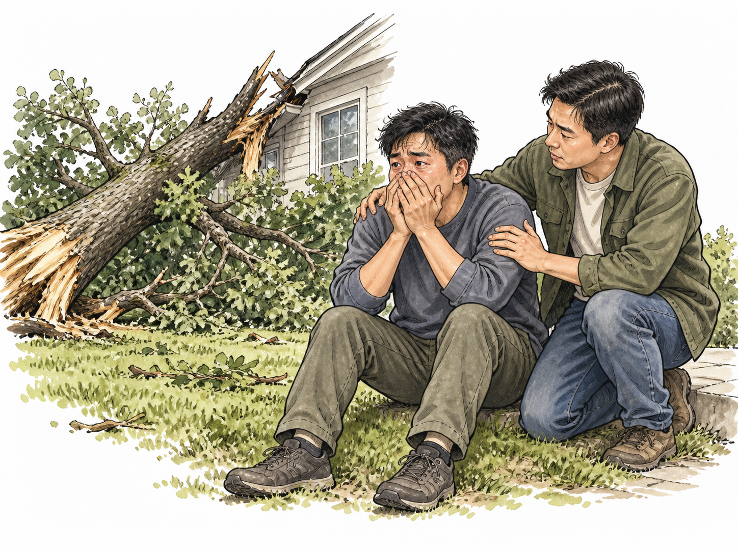 An adult startled and deeply shaken by a collapsing tree near a home, then supported by a friend in one coherent aftermath scene, East Asian man, no injury.