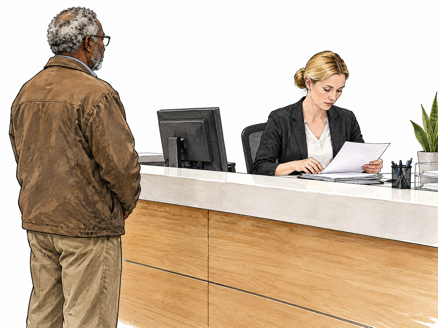 Cool white receptionist processes paperwork without eye contact while older Black visitor waits.