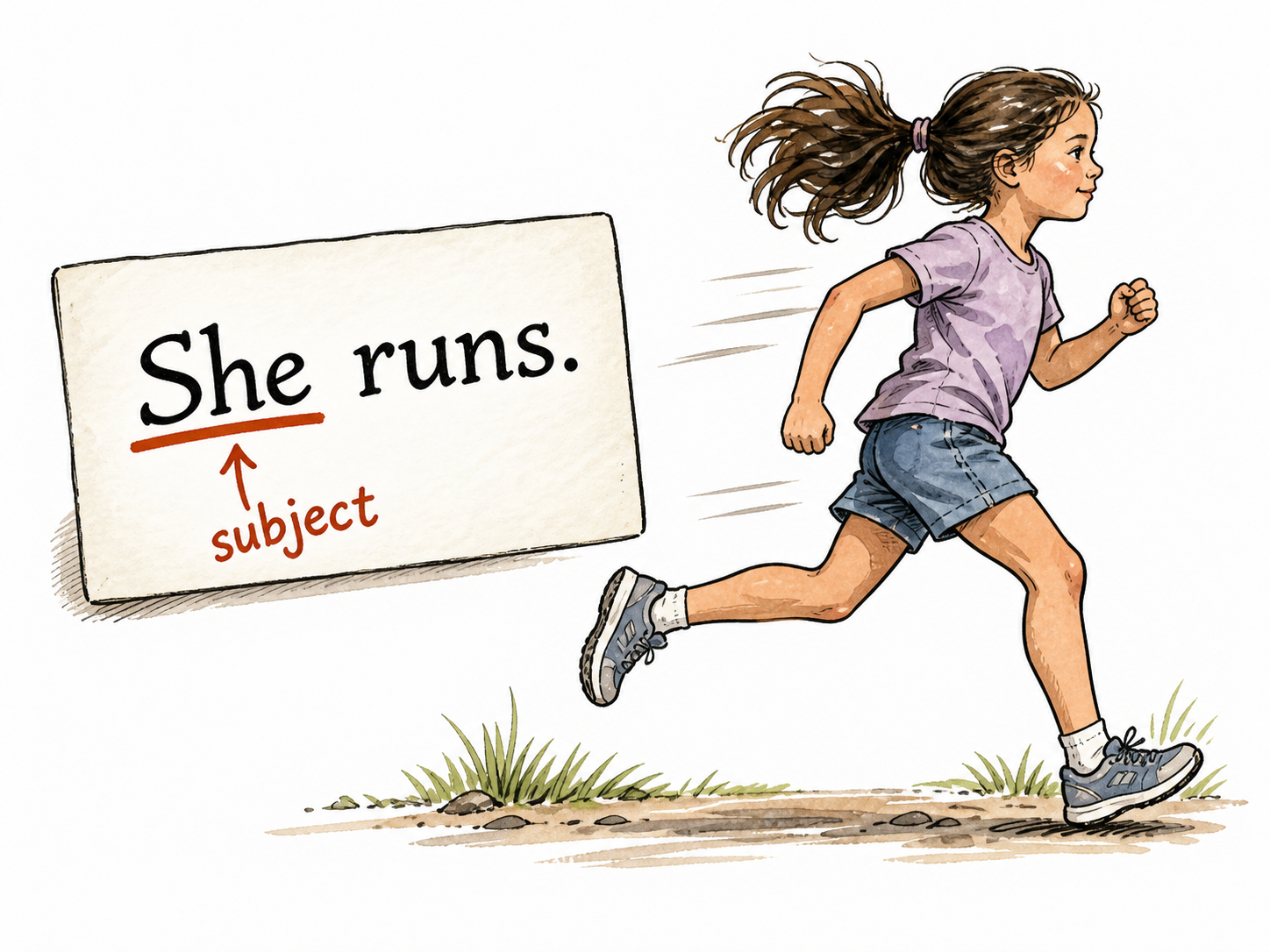 Clear grammar card reads 'She runs.' with 'She' underlined and labeled 'subject'.