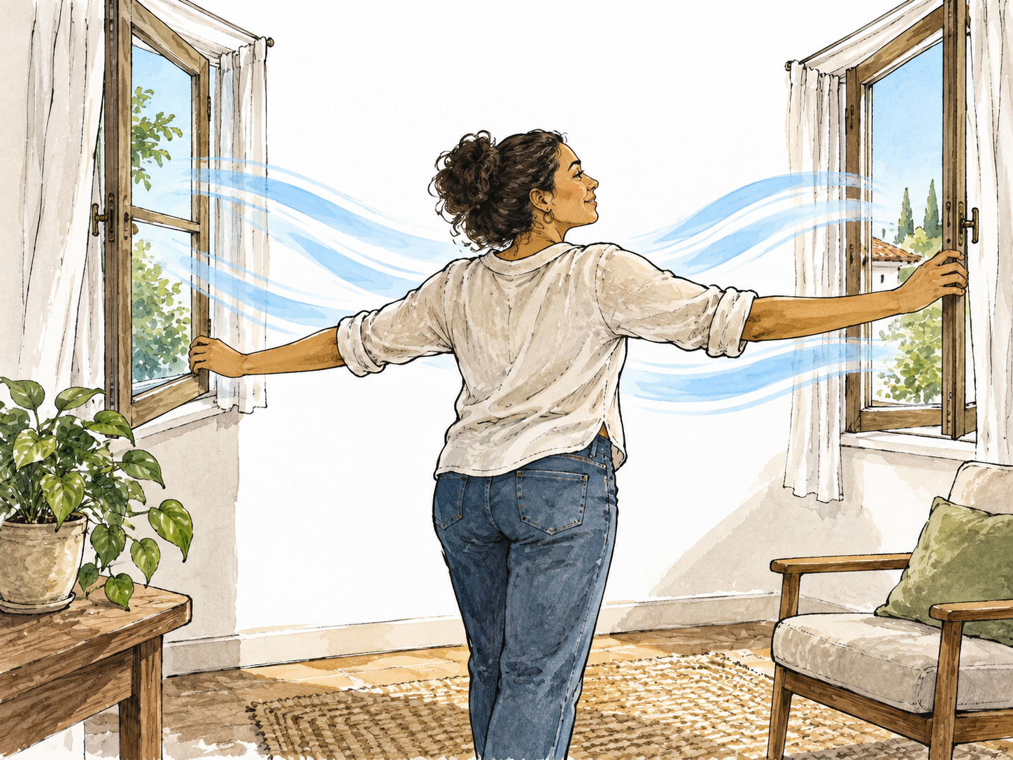 Latina adult opens opposite windows to let fresh air flow through a room.