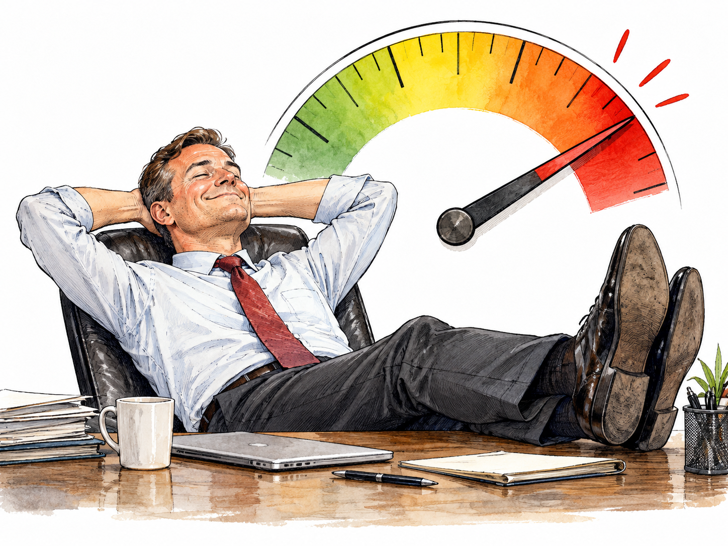 Satisfied white manager reclines while warning gauge climbs behind.