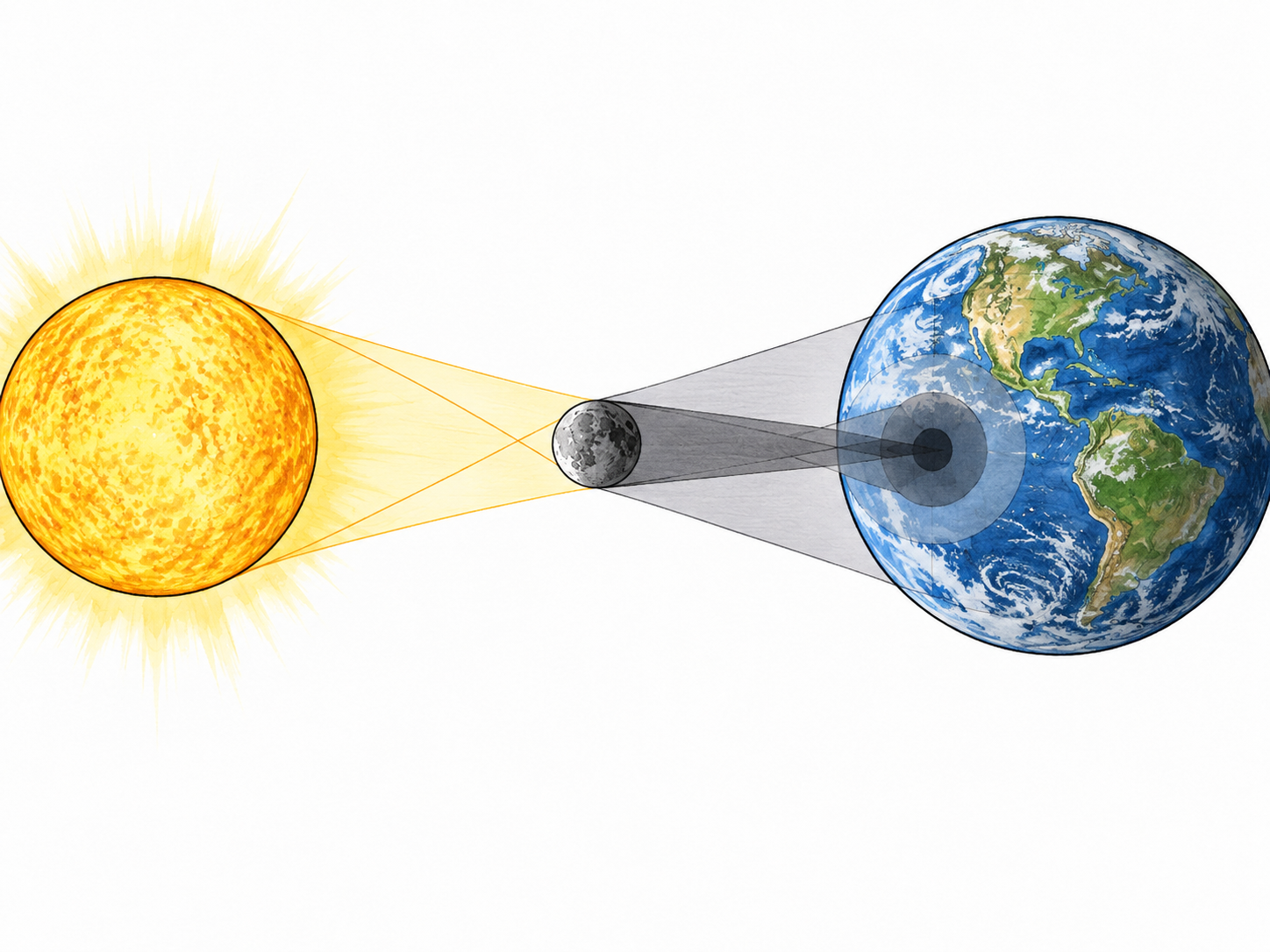 Educational eclipse diagram shows narrow dark umbra with surrounding lighter penumbra, no labels.