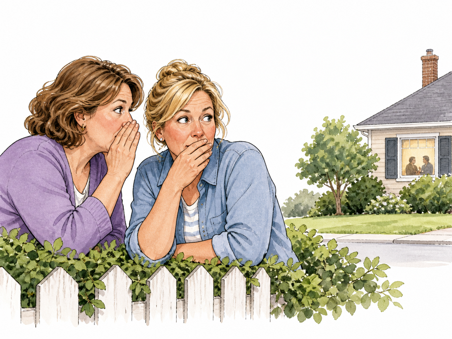 Two white middle-aged neighbors whisper privately while glancing toward a distant house.