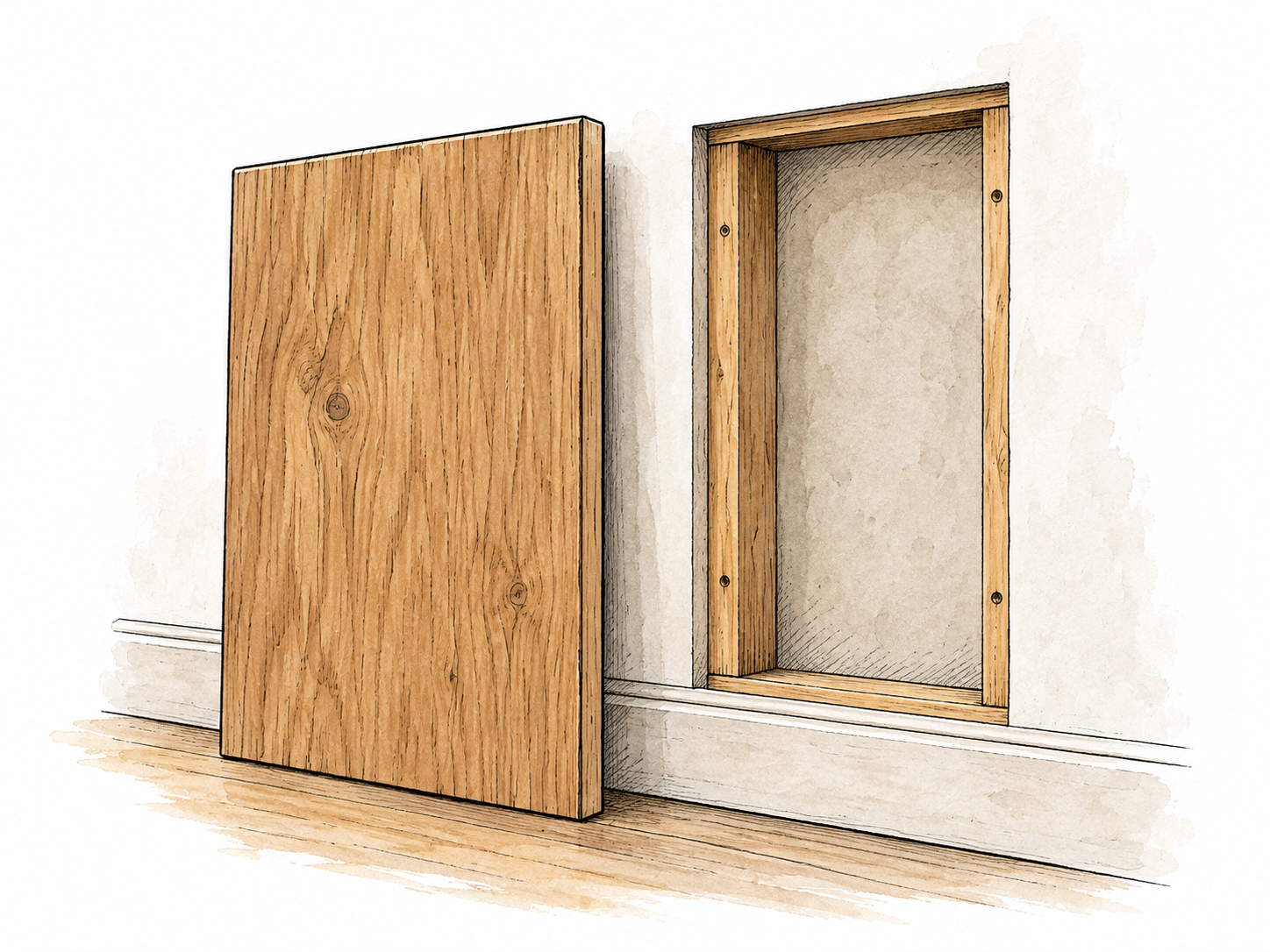 One rectangular wooden wall panel set beside the wall opening where it fits, visible flat section.