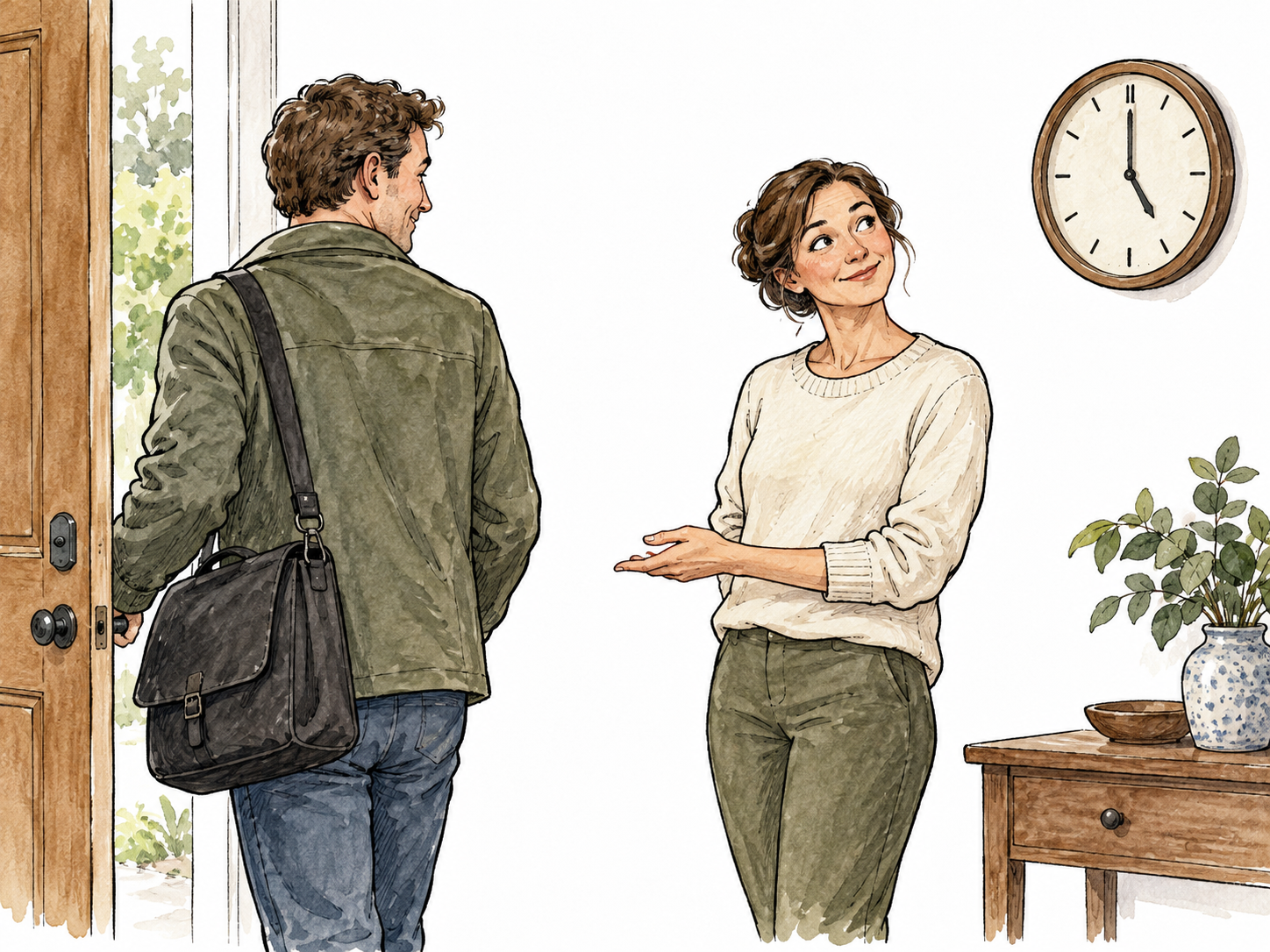 White adult glances meaningfully at a clock while a visitor prepares to leave.