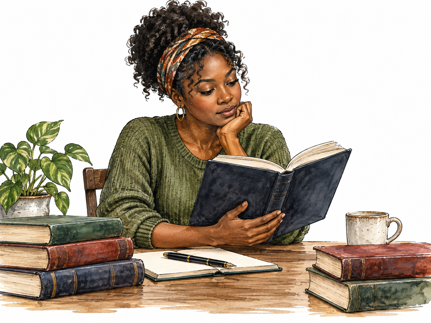 A Black woman thoughtfully reading a hardbound novel at a desk with several serious books and a pen.