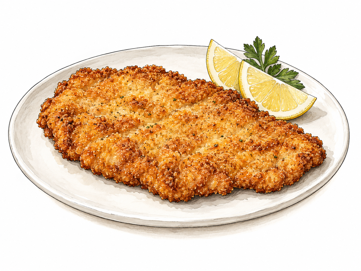 Golden breaded meat cutlet on plain plate with lemon.