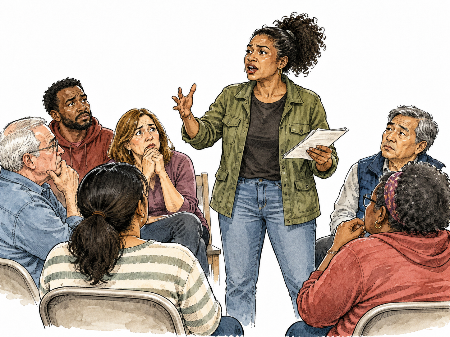 Diverse organizer addresses concerned neighborhood meeting.