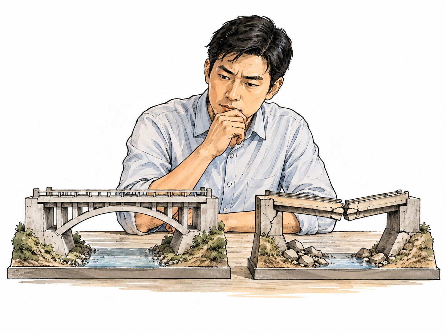 East Asian engineer compares a safe reinforced bridge model with a cracked weak one.