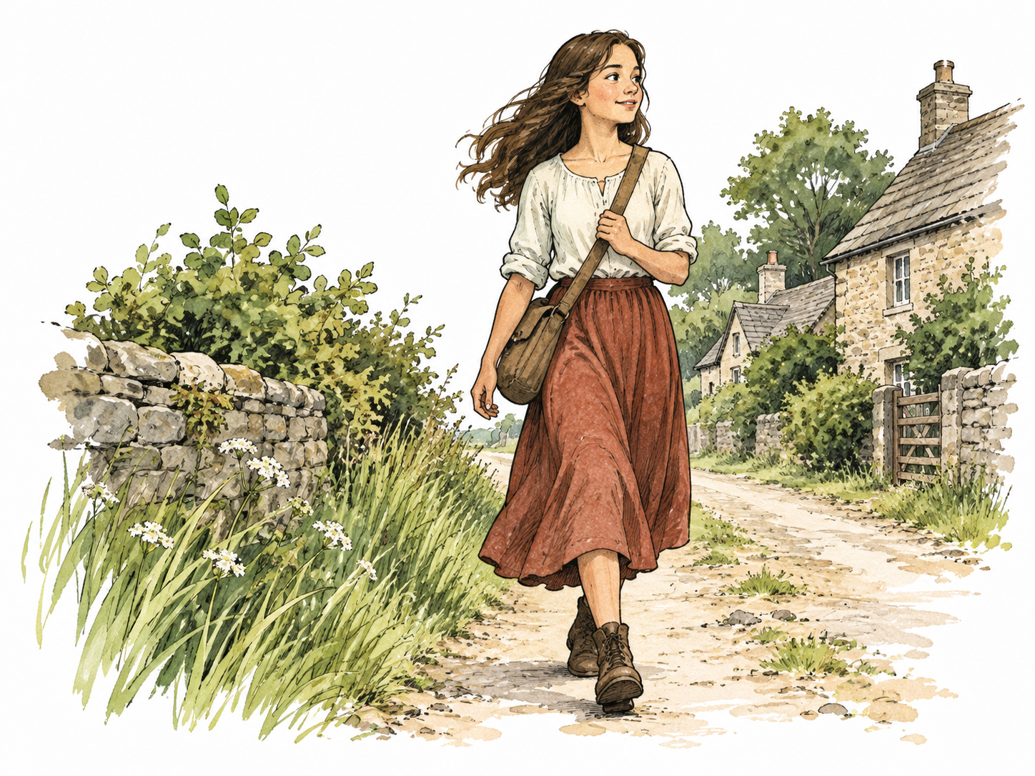 A young woman walks through a grassy village lane, natural portrait.