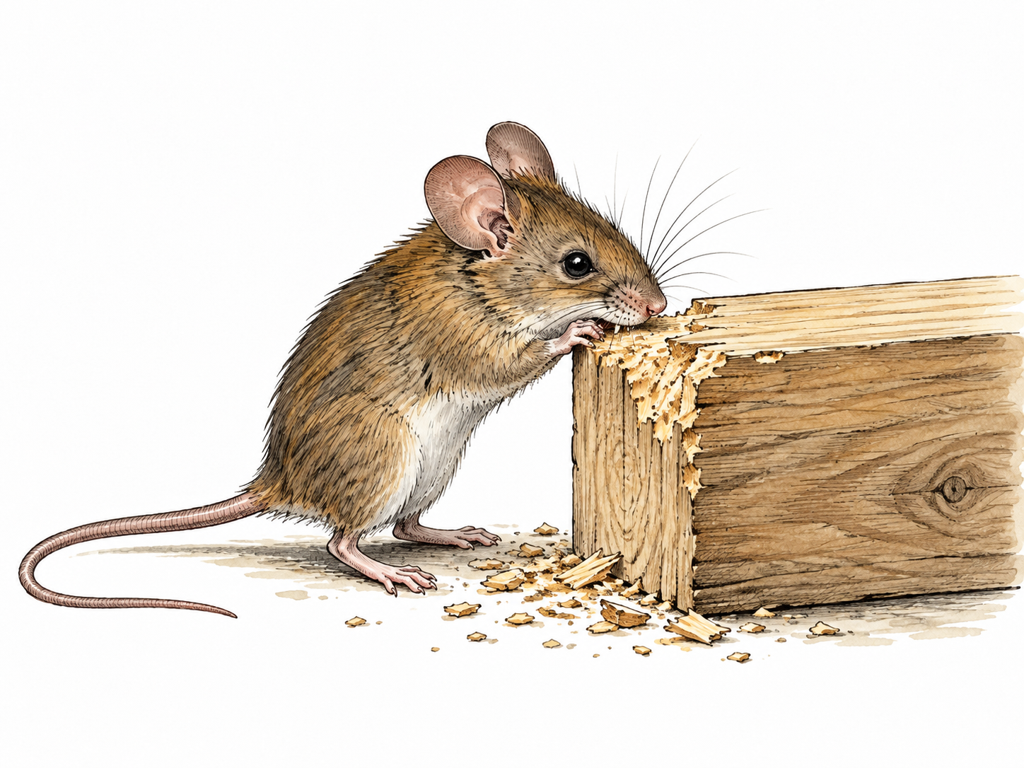 A mouse repeatedly gnaws the edge of a wooden block.
