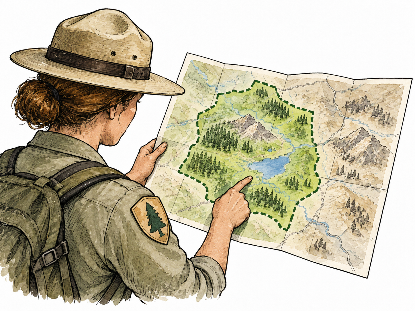 A park ranger's map outlines the one park under her responsibility, other land outside boundary.