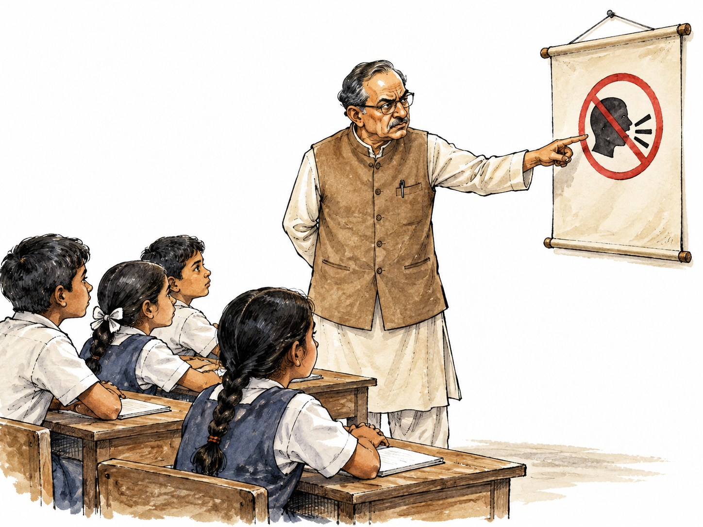 An older South Asian teacher sternly pointing to a rule on an unlettered classroom chart as students sit attentively.